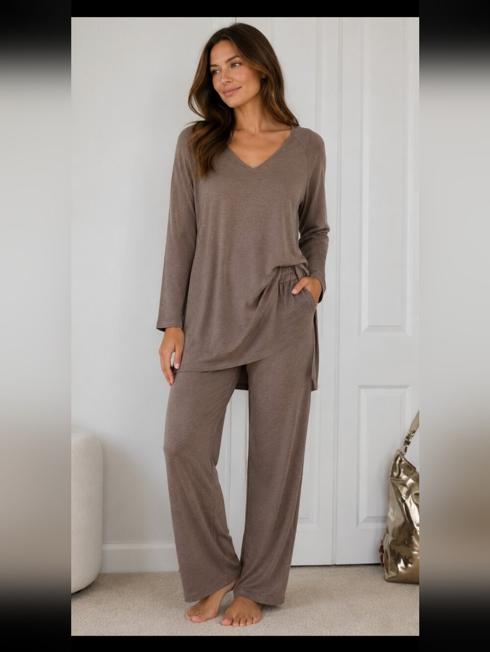 Gilli Women’s V-Neck Long Sleeve Sleep Set — Taupe SZ L NWT